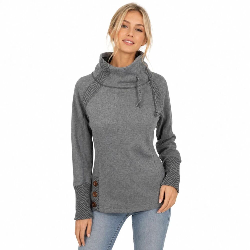 prAna Lucia Sweater Gray Drawstring Cowl Neck Wool Blend XL Cabincore Lagenlook